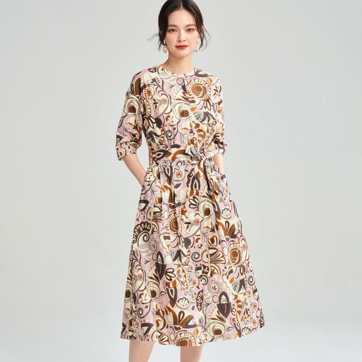 25春夏复古艺术花卉纯棉印花收腰系带中长连衣裙25032 商品图3