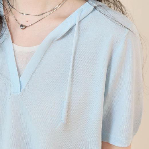 【严选】诗凡黎慵懒氛围假两件针织2025夏新款轻薄透气叠穿连帽毛衫女7G3431321 商品图3