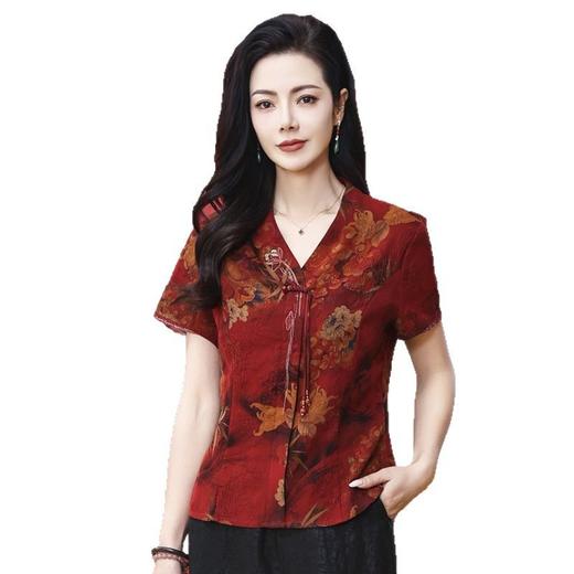 LS-LX2826冠乐绉香云纱上衣女夏装新款V领新中式复古印花桑蚕丝真丝小衫 商品图4