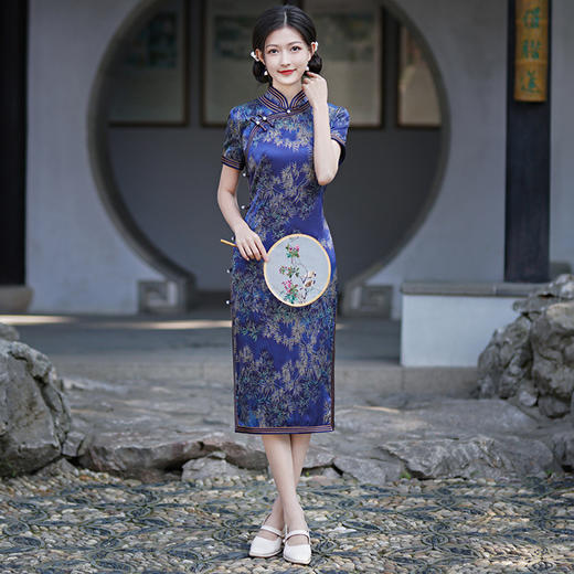 HQ-JYJ-175柒竹新中式真丝旗袍夏季年轻款2025年新款高端桑蚕丝中长款旗袍连衣裙 商品图2