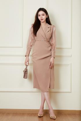 Le Malene 奶咖色气质西装领收腰连衣裙 19904