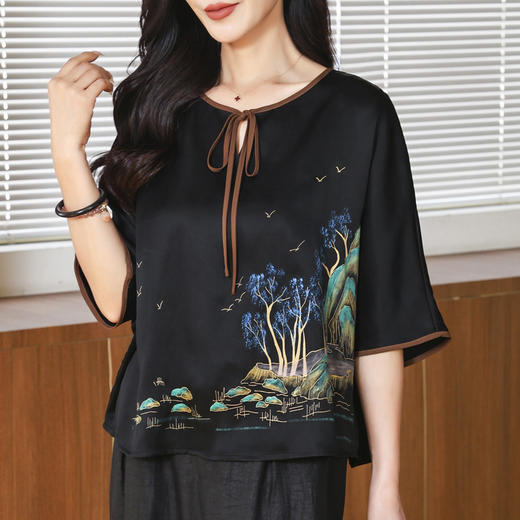 LS-LX2823高端香云纱上衣女中袖2025夏装新款国风印花真丝衬衫宽松大码T恤 商品图1