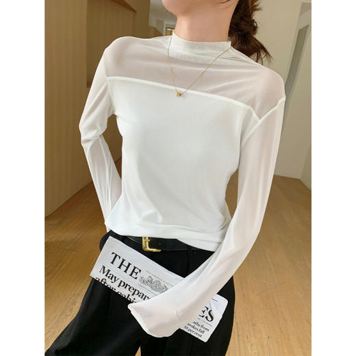 半高领蕾丝双层网纱打底衫女长袖T恤修身显瘦透视内搭上衣女春夏 商品图3