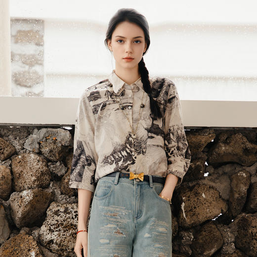 谜底花色衬衫七分袖女2025夏季新款复古风合体百搭衬衣256MC6220 商品图0