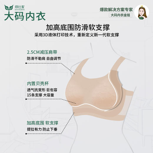 【尚比妮大码内衣女大胸显小收副乳】睡眠专用无痕美背文胸 云感裸压亲肤裸感舒适胸罩W2530 款 商品图4