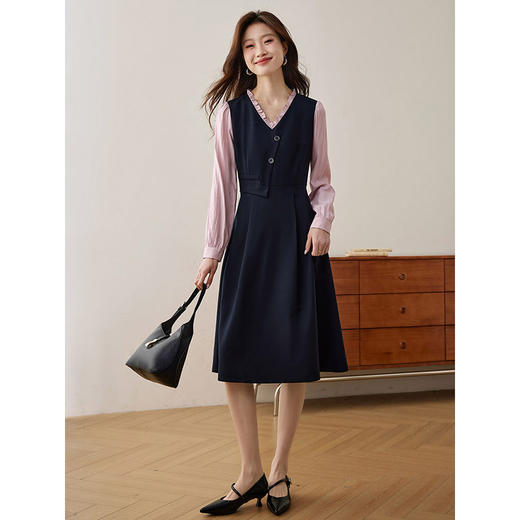 【五折购】熙世界假两件木耳边V领连衣裙长袖法式复古中长裙女2025春季新品 商品图4