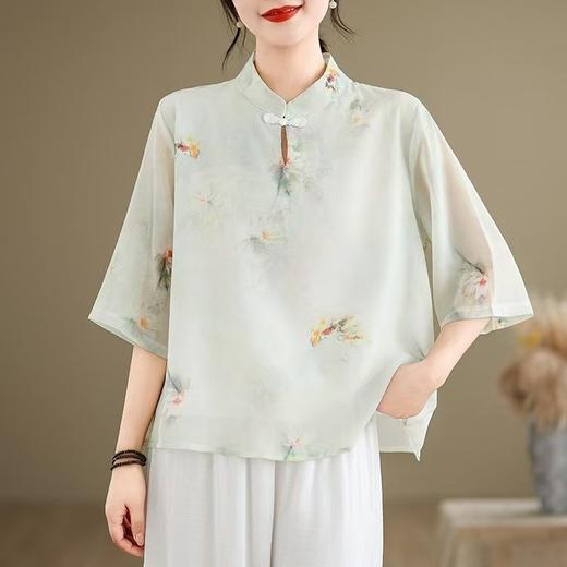 WY961新中式中国风水墨印花中袖衬衫文艺旗袍领复古日常禅意汉服衬衣女 商品图1
