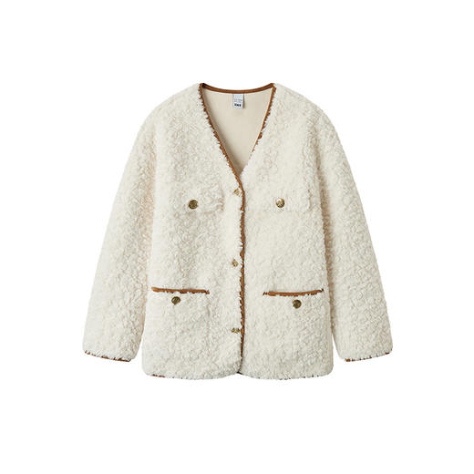 森马外套女中长款仿兔毛V领落肩时尚冬新款气质宽松夹克复古 商品图4