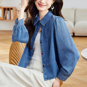 百媚生 98棉小个子显高荷叶摆牛仔衬衫女长袖53027