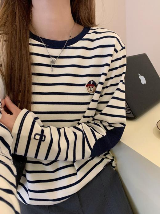 素家同款条纹小熊！2025新款宽松休闲男女款长袖T恤百搭显瘦撞色圆领衫！ 商品图6