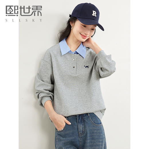 【年终特卖】熙世界学院风假两件衬衫卫衣女2025春新款知识分子POLO领拼接上衣 商品图0