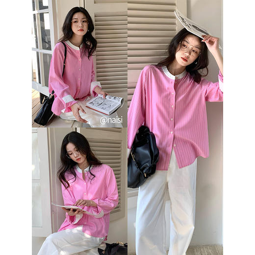 【专属特价】熙世界法式绝美粉色条纹衬衫女长袖2025年春季新款设计感别致上衣 商品图3