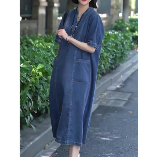 百媚生 文艺宽松装中长款显瘦V领短袖牛仔连衣裙R28-E5 商品图1