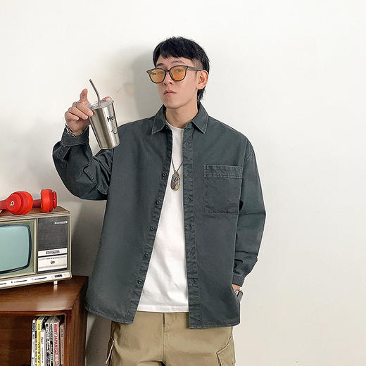 徐太浪百搭纯色口袋长袖衬衫男春季潮牌大码休闲宽松纯棉衬衣外套 商品图1