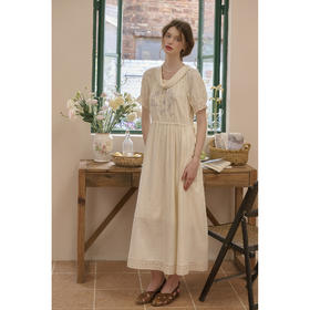 SimpleRetro花神花园 古典主义两穿法式连衣裙女滚边领亚麻长裙子