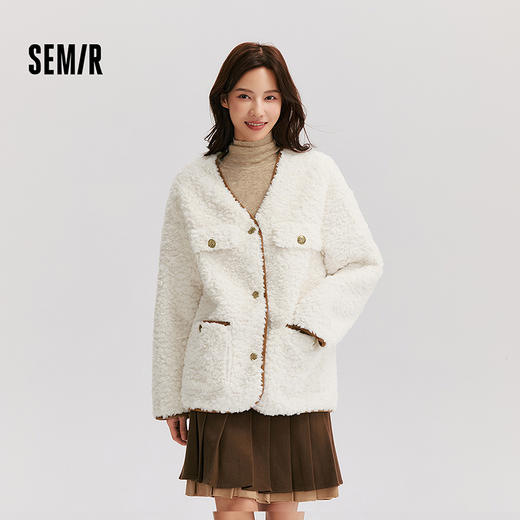 森马外套女中长款仿兔毛V领落肩时尚冬新款气质宽松夹克复古 商品图0