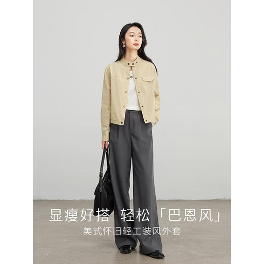 【年货节】熙世界2025春装新款美式复古工装风外套女短款卡其色立领夹克上衣 商品图2