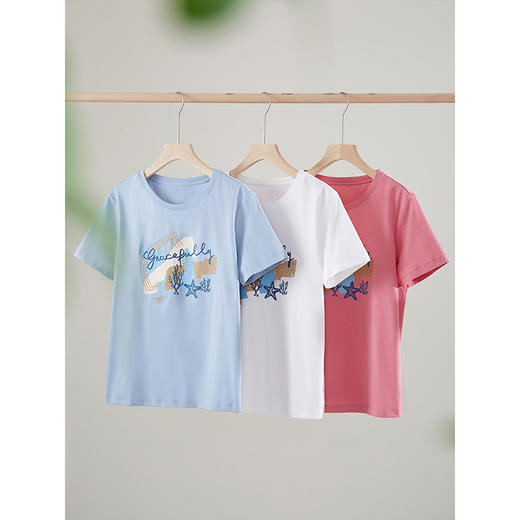 【专属特价】熙世界休闲印花体恤上衣女2025夏季新款时尚流行粉色短袖T恤正肩 商品图3