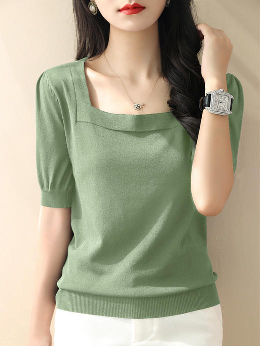 百媚生 方领露锁骨冰丝针织衫8296 商品图5