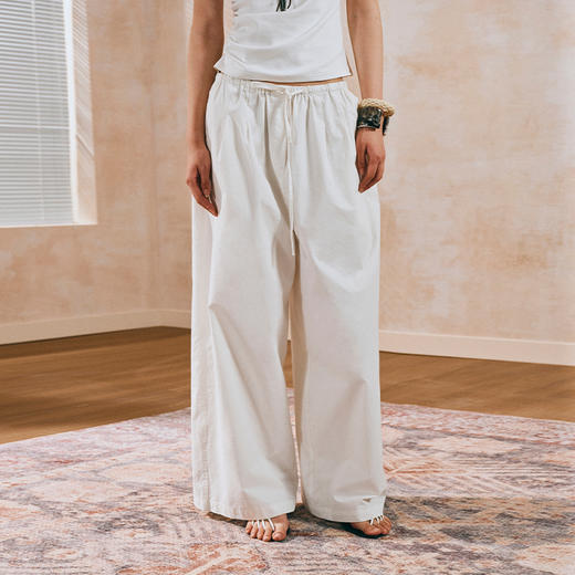 NUTH纯棉慵懒宽松阔腿抽绳休闲裤女 白色/藏蓝色 商品图1