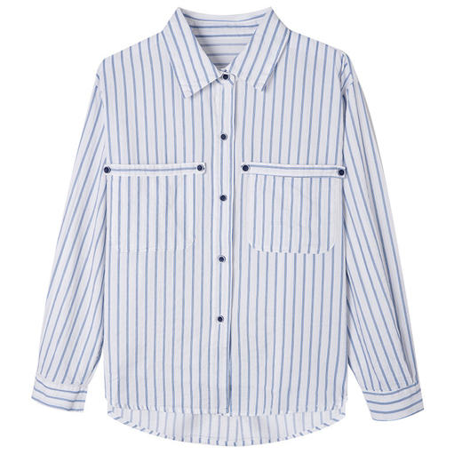 百媚生 纯棉条纹衬衫女长袖双口袋衬衣52083 商品图4