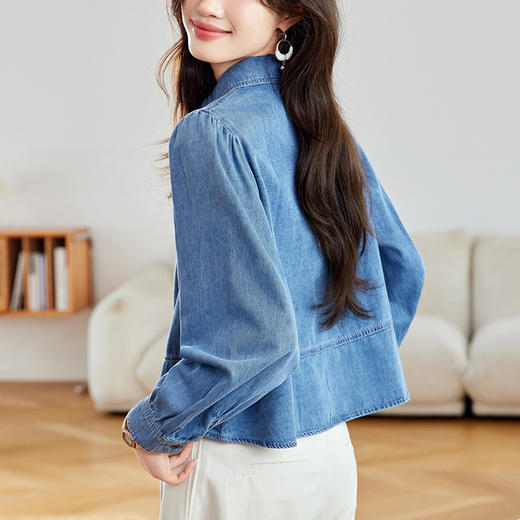 百媚生 98棉小个子显高荷叶摆牛仔衬衫女长袖53027 商品图3