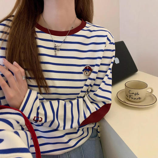 素家同款条纹小熊！2025新款宽松休闲男女款长袖T恤百搭显瘦撞色圆领衫！ 商品图3
