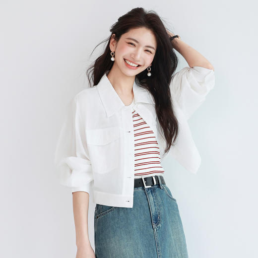 【商场同款】伊芙丽轻薄简约百搭白色衬衫短外套2024秋1F4110642 商品图4