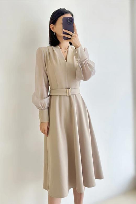Le Malene 杏色V领透视袖拼接腰带连衣裙 19902 商品图2