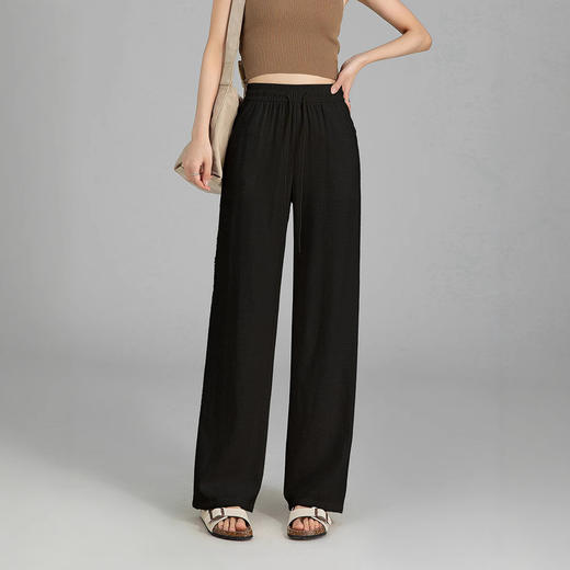 百媚生 亚麻混纺松紧腰抽绳直筒裤高腰阔腿裤25SS0039 商品图4
