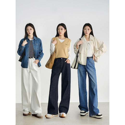 【专属特价】熙世界白色牛仔裤女直筒宽松2025年春秋新款高腰显高窄版阔腿裤子 商品图1