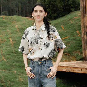 谜底花色衬衫短袖女2025夏季新款复古原创印花宽松衬衣256MC6701