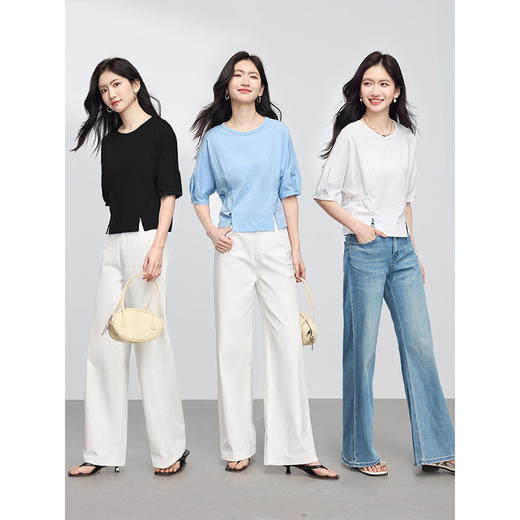 【周末秒杀】熙世界纯棉开叉中袖T恤女设计感2025夏季新款法式五分袖短款上衣 商品图2