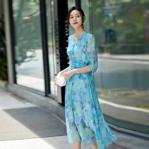 彩蝶印花松紧腰双绉真丝连衣裙CS90433 商品图2