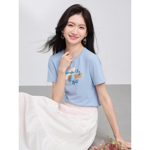 【专属特价】熙世界休闲印花体恤上衣女2025夏季新款时尚流行粉色短袖T恤正肩 商品图5