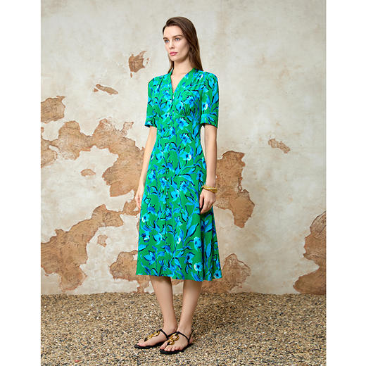 EITIE爱特爱时尚高腰a字显瘦撞色印花V领连衣裙夏季新款8207939 商品图1