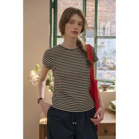 SimpleRetro条纹调律 基础百搭短袖T恤女圆领修身显瘦套头上衣