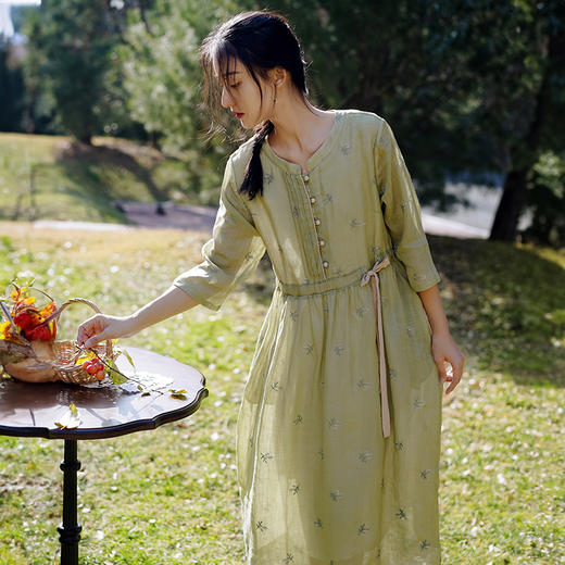 丁摩 新中式收腰苎麻连衣裙国风复古裙子 商品图3