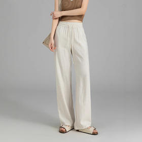 百媚生 亚麻混纺松紧腰抽绳直筒裤高腰阔腿裤25SS0039