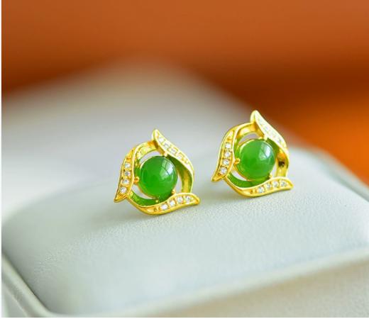 925纯银玫瑰金，民族风和田玉碧玉耳钉JX-8710108113 商品图5