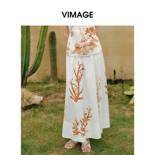 VIMAGE纬漫纪度假风珊瑚印花高腰浪漫显瘦A字半身裙2025夏季新款V2306917 商品图0