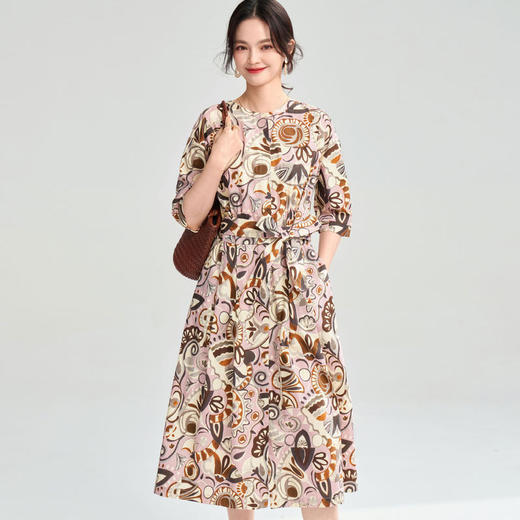 25春夏复古艺术花卉纯棉印花收腰系带中长连衣裙25032 商品图1