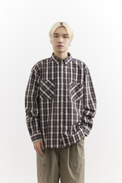 吃茶去chichaqu25全棉格纹口袋长袖衬衫宽松复古经典休闲百搭男女 商品图4