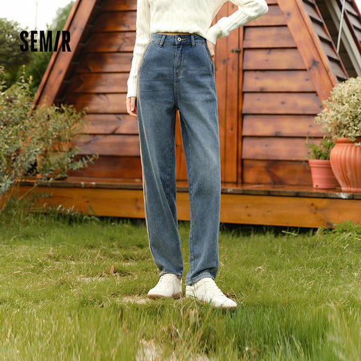 森马牛仔裤女抓毛长裤舒适复古风冬季新款潮流宽松锥形裤显瘦 商品图0