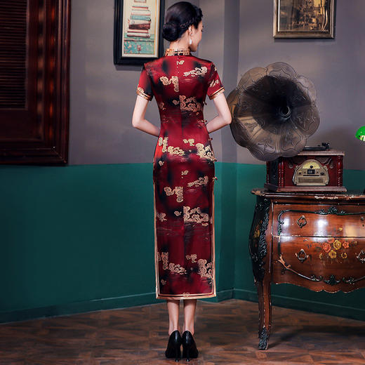 HQ-JYJ-072红色旗袍新中式长款桑蚕丝年轻款复古中国风旗袍连衣裙 商品图3