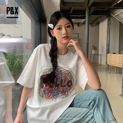 P&X设计师女装新款夏季美式涂鸦印花小众设计感T恤824202561B 白色 商品图4