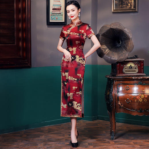 HQ-JYJ-072红色旗袍新中式长款桑蚕丝年轻款复古中国风旗袍连衣裙 商品图2