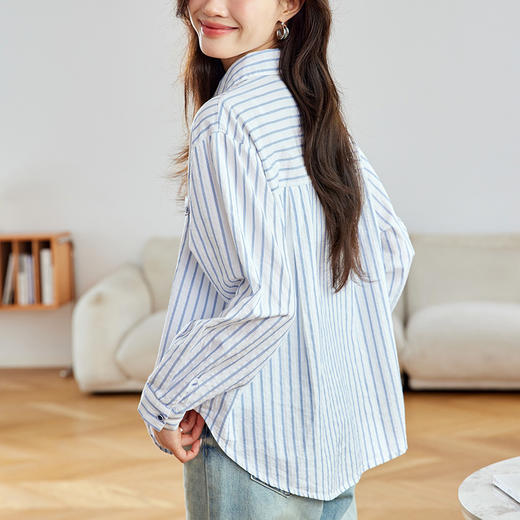 百媚生 纯棉条纹衬衫女长袖双口袋衬衣52083 商品图3