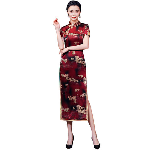 HQ-JYJ-072红色旗袍新中式长款桑蚕丝年轻款复古中国风旗袍连衣裙 商品图4