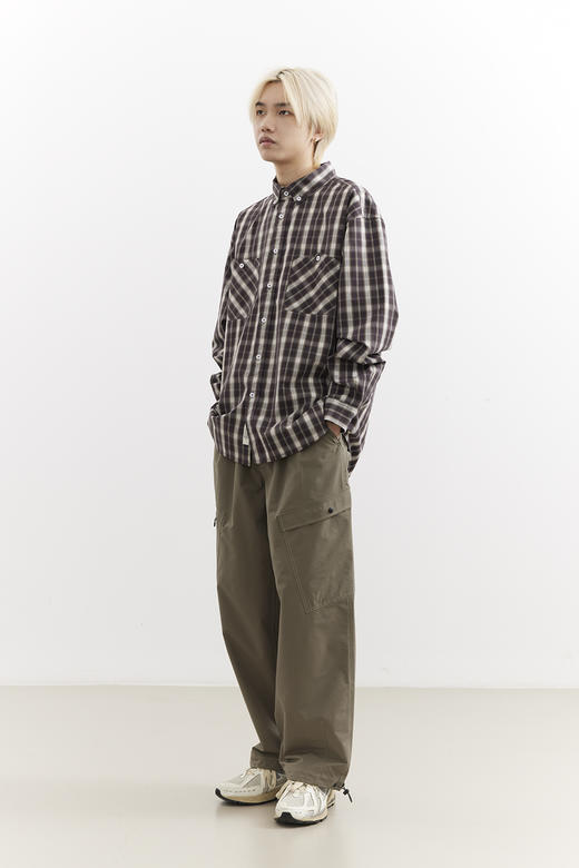 吃茶去chichaqu25全棉格纹口袋长袖衬衫宽松复古经典休闲百搭男女 商品图5